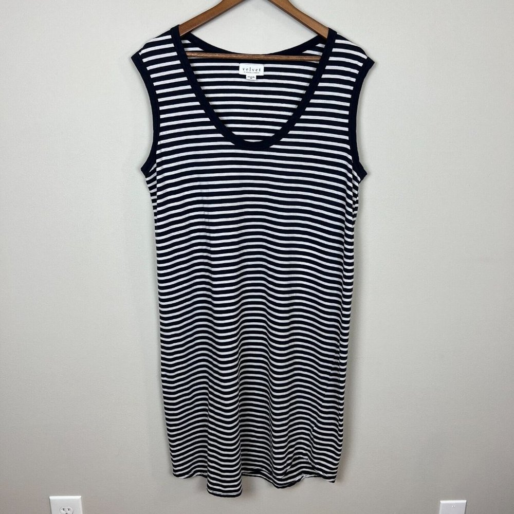Velvet Graham Spencer Dress XL Navy White Stripe Scoop Neck Cotton Knee Length